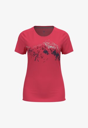 T-shirt de sport rouge à manches courtes pour femme avec un motif de montagne noir et gris sur la poitrine et un col rond.