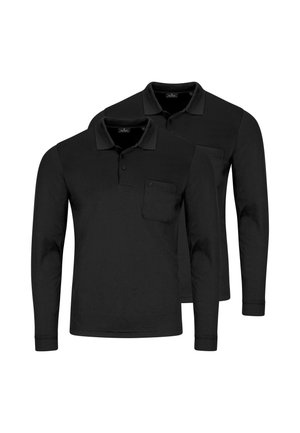 To sorte poloshirts med lange ærmer, kraver og en brystlomme på den ene skjorte, vist på en hvid baggrund.