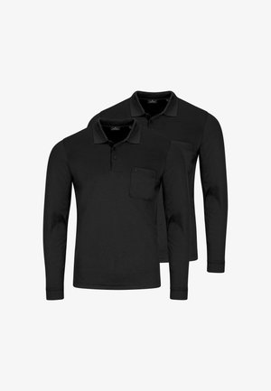Deux polos noirs à manches longues avec col et une poche poitrine sur l'un des polos, présentés sur un fond blanc.