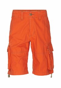Pantaloni cargo in cotone arancione con chiusura a bottone, quattro tasche, dettagli cuciti e orli con coulisse regolabili.