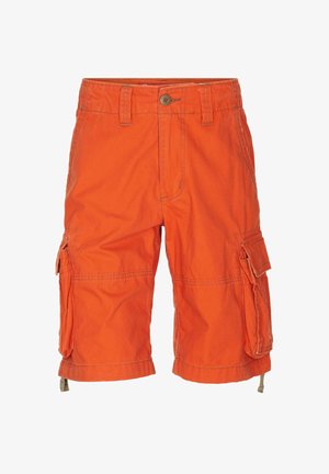 Narandžaste bombažne kratke hlače s cargo stilom, z gumbi za zapiranje, štirimi žepi, šivanjem in nastavljivimi vrvico na robovih.