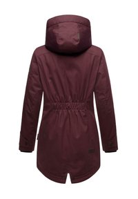 Burgundy waterproof jacket with a cinched waist, a large hood, and snap closures. Features smooth fabric and slight sheen.