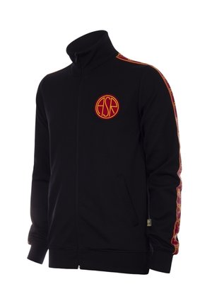 Veste zippée noire à col montant, ornée d'un logo brodé jaune-rouge et de rayures latérales à motifs en jaune et rouge.