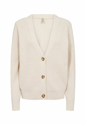 Beige strikket cardigan med V-hals, lange ærmer og tre store knapper. Har en ribbet tekstur og en let kant forneden.