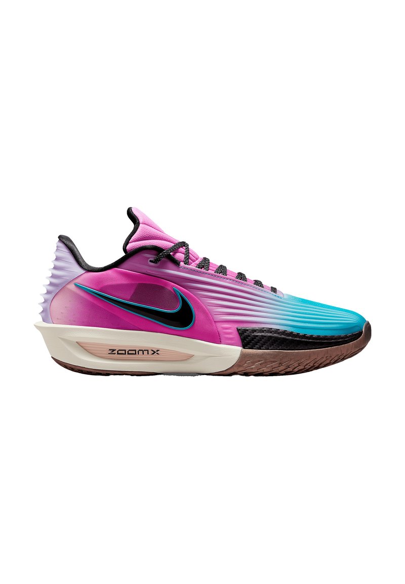 Nike Sportschuh mit einem Ombre-Design, das von Pink zu Blau übergeht, strukturiertem Obermaterial, schwarzen Schnürsenkeln und ZoomX-Dämpfung in einer kontrastierenden Sohle.