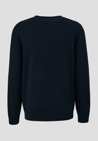 Dunkelblauer Strickpullover mit langen Ärmeln, Rundhalsausschnitt und gerippten Manschetten und Saum. Glatte Textur und schlichtes Design ohne Verzierungen.