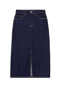 Jupe en denim indigo foncé avec une coupe droite, fente avant et design à cinq poches. Fini avec des coutures contrastées et une fermeture à bouton métal.