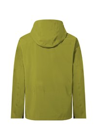 Olivgrüne wasserdichte Jacke mit langen Ärmeln und angenäherter Kapuze, Rückansicht vor weißem Hintergrund.