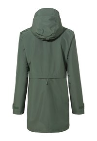 Giacca impermeabile verde con cappuccio, dotata di vita regolabile e maniche lunghe. Texture liscia con polsini regolabili e design minimale.