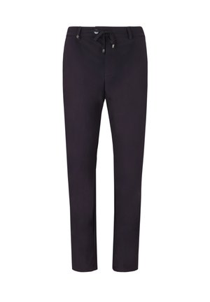 Pantaloni neri a gamba dritta con vita regolabile a coulisse e chiusura con bottone, progettati per un abbigliamento casual o semi-formale.