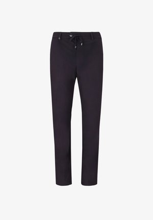 Pantaloni neri a gamba dritta con vita regolabile a coulisse e chiusura con bottone, progettati per un abbigliamento casual o semi-formale.