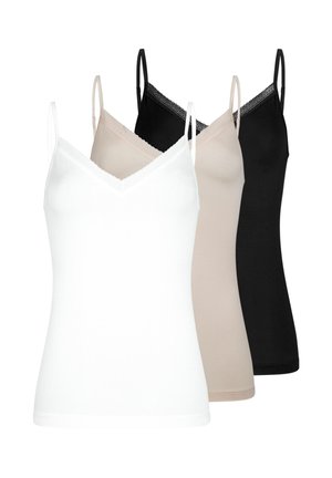 Tre dame-chemiser i hvid, beige og sort, hver med tynde stropper og V-hals med blonder, vist mod en hvid baggrund.