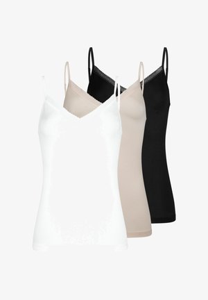 Trois camisoles pour femmes en blanc, beige et noir, chacune avec des bretelles fines et un décolleté en V orné de dentelle, présentées sur un fond blanc.