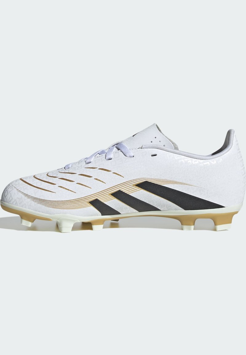 White soccer cleat with a textured surface, black and gold accents, and a streamlined design. Features six molded studs for traction.