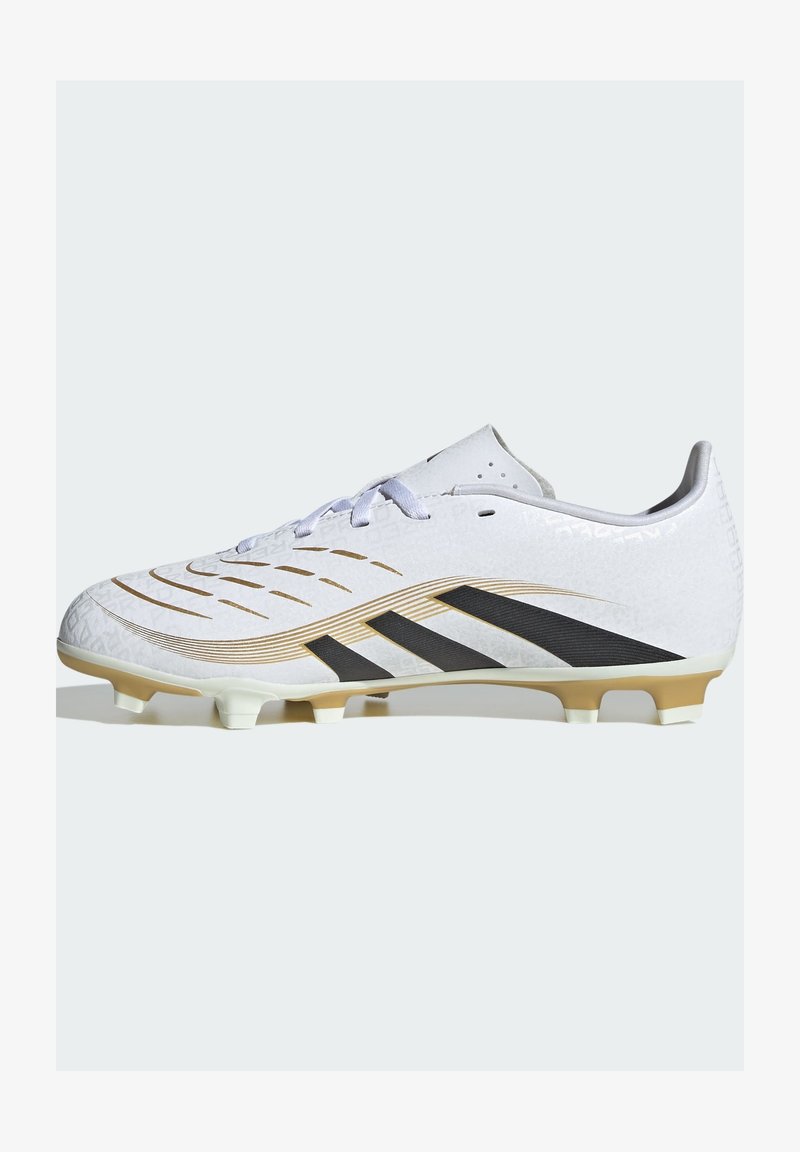 White soccer cleat with a textured surface, black and gold accents, and a streamlined design. Features six molded studs for traction.