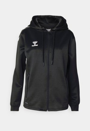 Μαύρο hoodie με φερμουάρ από λείο ύφασμα και κουκούλα με κορδόνι. Διαθέτει λευκό λογότυπο στο στήθος και αντίθετους ώμους.