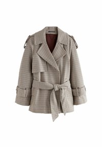 Bruine en creme geruite trenchcoat met een brede kraag, ceintuur in de taille en afneembare schouderbanden. Getextureerde stof met ruime mouwen.