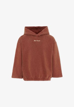 Sweat à capuche marron doux avec manches longues et ourlet élastique, présentant un petit texte blanc « Bobo Choses » sur le devant.