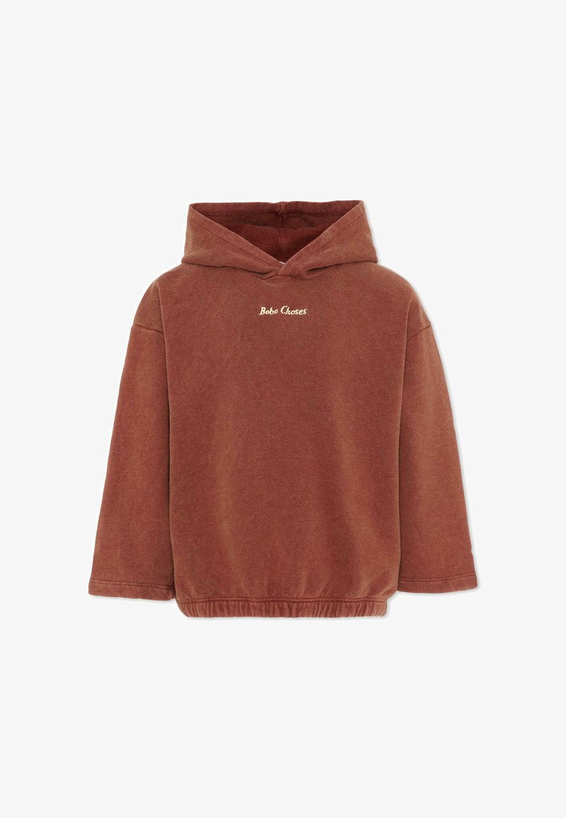Sweat à capuche marron doux avec manches longues et ourlet élastique, présentant un petit texte blanc « Bobo Choses » sur le devant.