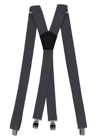 Graue elastische Hosenträger mit strukturiertem Finish, die in der Mitte einen schwarzen Stoffpatch und Metallclips an den Enden zur Befestigung aufweisen.