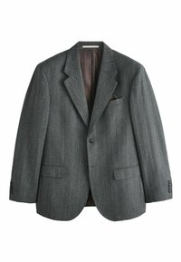 Grau melierter Fischgräten-Blazer aus strukturiertem Stoff, mit einem Reverskragen, zwei Fronttaschen, einer Brusttasche mit einem braunen Einstecktuch und geknöpften Manschetten.