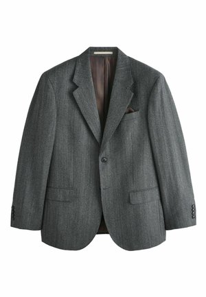 Gray herringbone blazer made of textured fabric, featuring a notch lapel, two front pockets, a chest pocket with a brown pocket square, and buttoned cuffs.