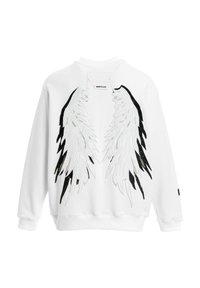 Sudadera blanca con detalles bordados en negro y plata en la parte posterior que representan alas. Textura suave con puños y dobladillo acanalados.
