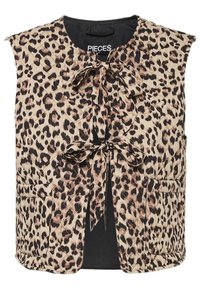 Prsluk s uzorkom leopard, koji ima vezanje na vratu, bez rukava i dva prednja džepa. Napravljen od laganog materijala s glatkom teksturom.