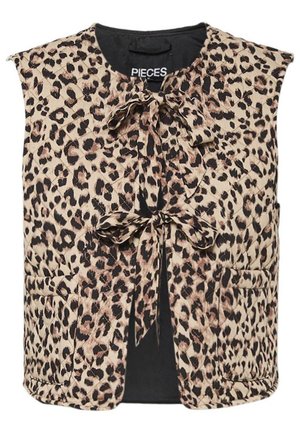 Leopard print vest featuring a tied neckline, sleeveless design, and two front pockets. Made of lightweight fabric with a smooth texture.