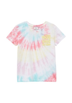 Kurzarm-T-Shirt im Batikmuster mit pastellfarbenen Tönen in Pink, Blau und Gelb. Auf der Vorderseite steht "WAVE VIBE GET SHINE" in sanftem Gelb.