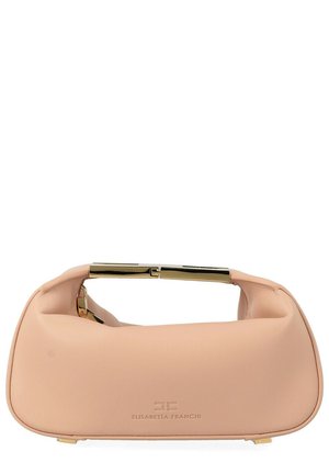 Sac à main rose clair Elisabetta Franchi avec poignée rectangulaire dorée et silhouette douce et structurée sur fond blanc.