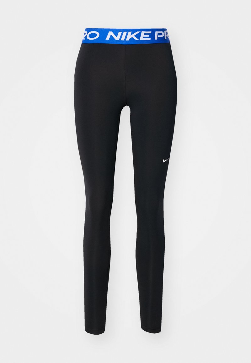 Leggings de sport noirs avec une taille bleue arborant le texte "NIKE PRO". Texture lisse avec un petit logo blanc près de la cheville.