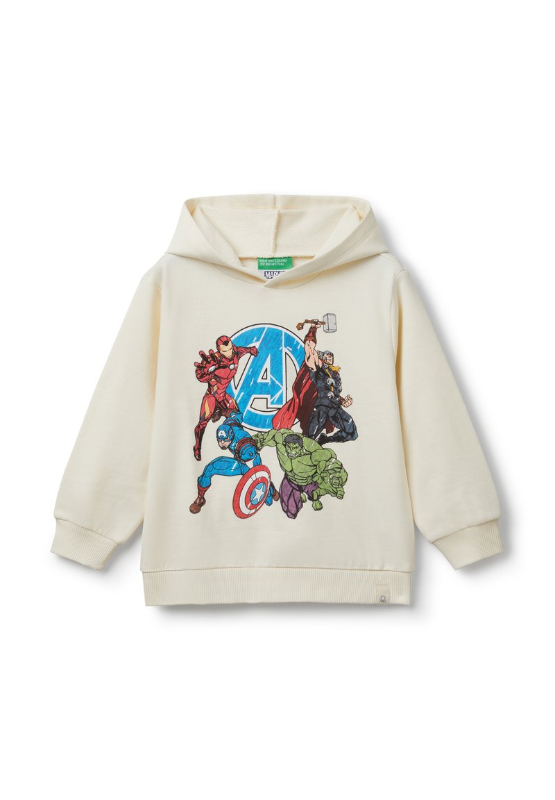 Krémová mikina s kapucí s barevným grafikou superhrdinů Marvel: Iron Man, Thor, Captain America, Hulk, proti modrému logu Avengers. Směs bavlny.
