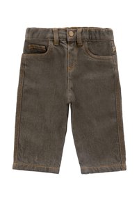 Shorts in denim grigio scuro con una finitura testurizzata, caratterizzati da cuciture arancioni e un classico design a cinque tasche. Chiusura con bottone in vita.