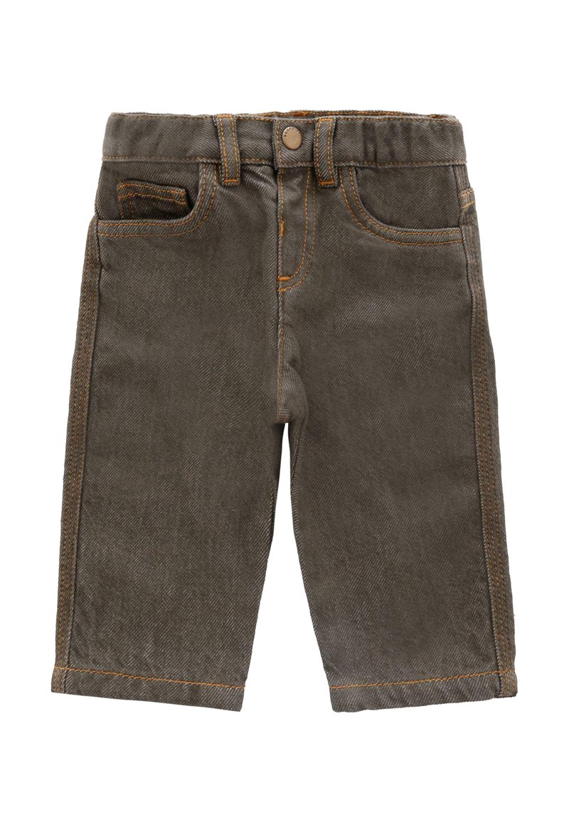 Shorts in denim grigio scuro con una finitura testurizzata, caratterizzati da cuciture arancioni e un classico design a cinque tasche. Chiusura con bottone in vita.