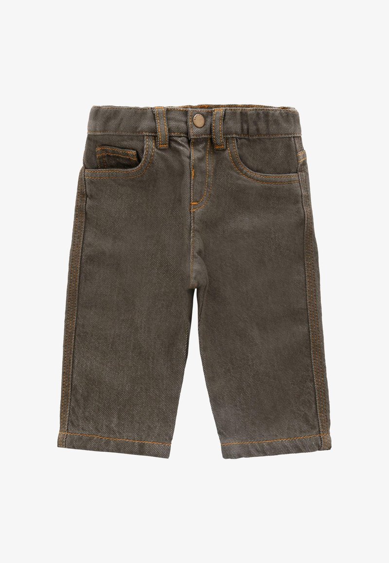 Shorts in denim grigio scuro con una finitura testurizzata, caratterizzati da cuciture arancioni e un classico design a cinque tasche. Chiusura con bottone in vita.