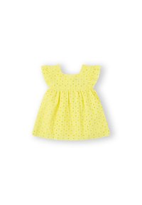 Vestido amarillo hecho de tela texturizada con lunares, con escote cuadrado y mangas con volantes. Falda acampanada para un ajuste suelto.