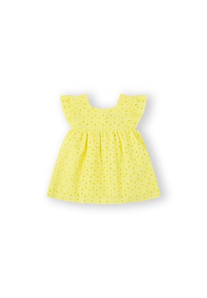 Vestido amarillo hecho de tela texturizada con lunares, con escote cuadrado y mangas con volantes. Falda acampanada para un ajuste suelto.
