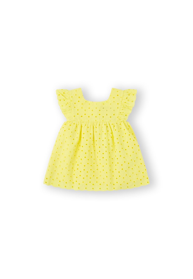 Vestido amarillo hecho de tela texturizada con lunares, con escote cuadrado y mangas con volantes. Falda acampanada para un ajuste suelto.