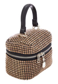 Handtasche in Roségold und Schwarz mit strukturierter Form, bedeckt mit schimmernden Steinen. Verfügt über einen schwarzen Ledergriff und einen silbernen Reißverschluss.