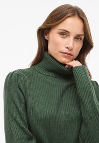 Ung kvinna med ljusbrunt hår som bär en grön stickad polotröja, vilar sin hand nära hakan mot en vit bakgrund.