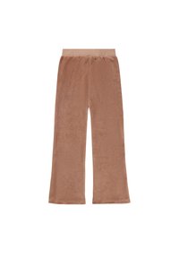 Pruunid laiad püksid, mis on valmistatud pehmest, tekstuuriga kangast, millel on elastne vöökoht. Kujundatud sileda viimistluse ja mugava lõikega.