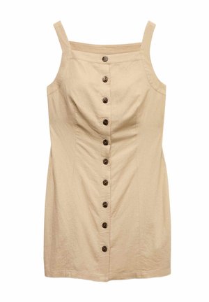 Beżowa sukienka bez rękawów z kwadratowym dekoltem i rzędem ciemnych guzików z przodu, dopasowana w talii i na biodrach.