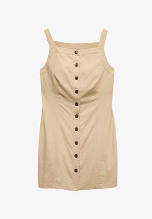 Vestido beige sin mangas con escote cuadrado y fila frontal de botones oscuros, ajustado en la cintura y las caderas.