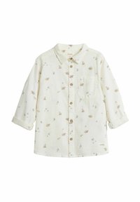 Helle, langärmlige Button-Up-Bluse aus weichem Stoff mit einem Bären- und Pflanzenmuster, Holzknöpfen und einer Brusttasche.