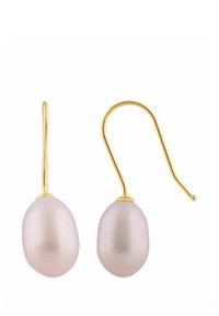 Náušnice zo zlato tónovaného kovu s veľkými hladkými oválnymi bledoružovými perlami a háčikovým zapínaním pre bezpečné nosenie.