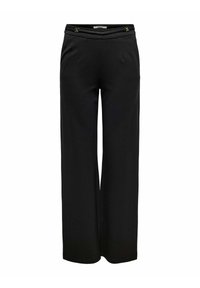 Pantaloni neri a gamba larga realizzati in un tessuto morbido. Presentano una vita aderente con dettagli decorativi in oro e due tasche laterali.