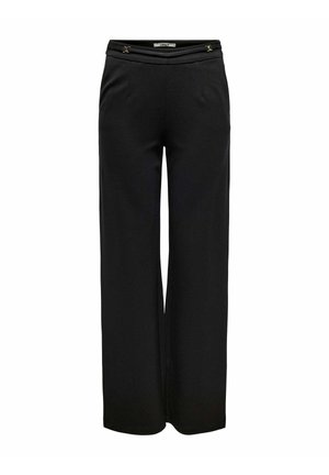 Pantaloni neri a gamba larga realizzati in un tessuto morbido. Presentano una vita aderente con dettagli decorativi in oro e due tasche laterali.