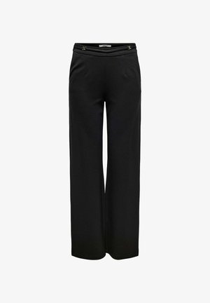 Pantaloni neri a gamba larga realizzati in un tessuto morbido. Presentano una vita aderente con dettagli decorativi in oro e due tasche laterali.