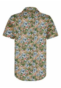 Kurzarmhemd aus leichtem Material mit einem lebhaften Blumenmuster in Blau, Weiß und Rot auf grünem Hintergrund.